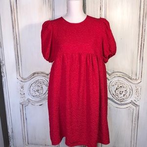 Who What Where Red Babydoll Mid  Puff Sleeve Embossed Pattern Dress Size Medium